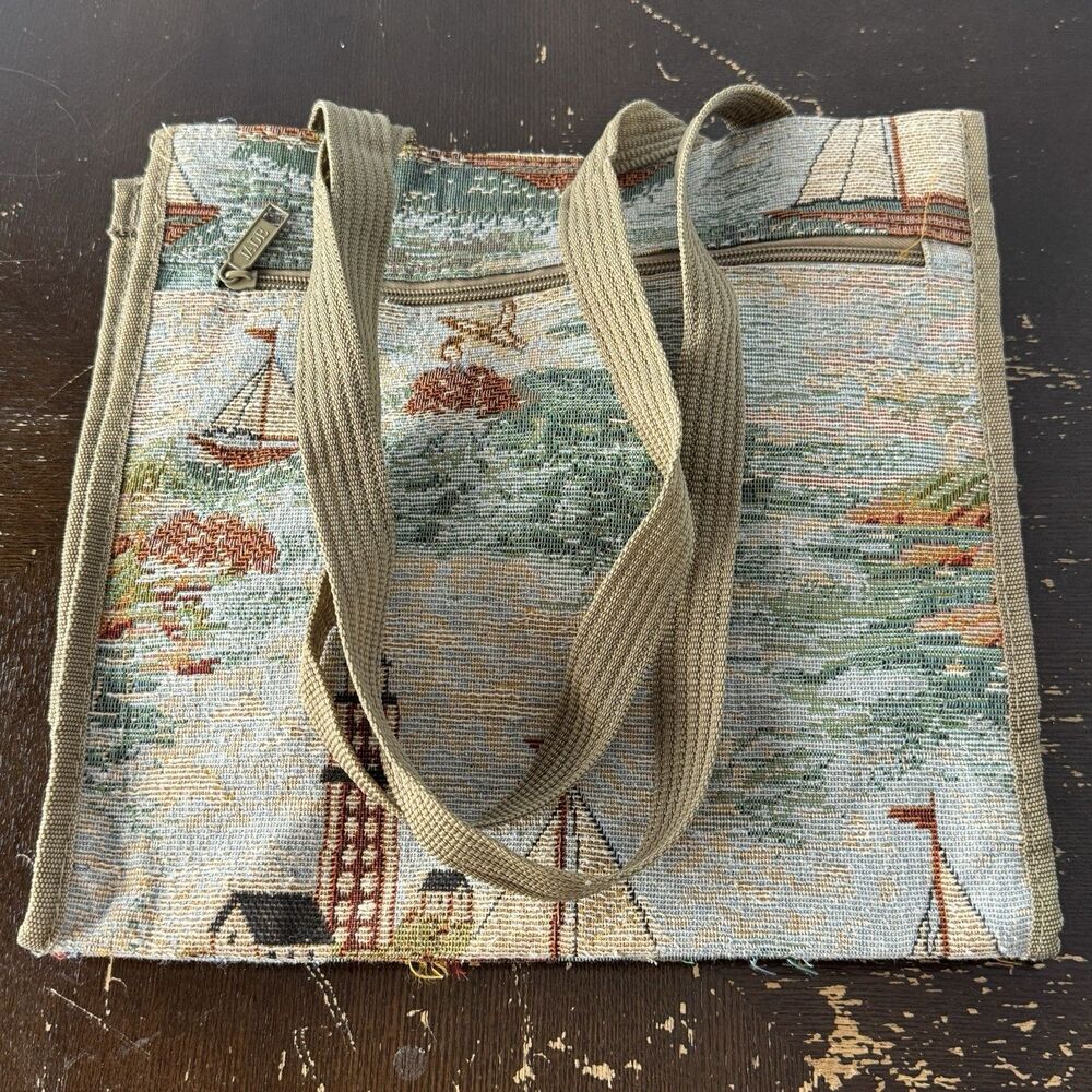 Vintage Jade Canvas Tote Handbag 12x12 Zip Pockets And Hook N Loop Sailboats